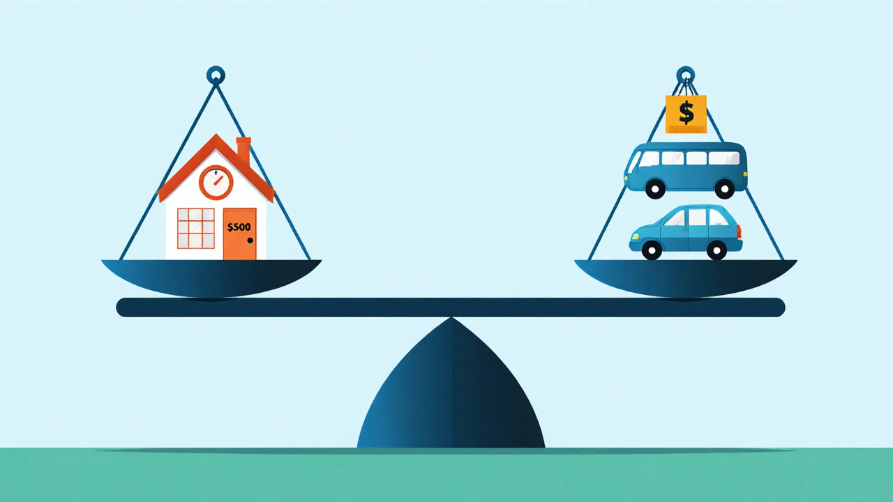 Balance scale comparing a low rent house icon with icons for utilities, transport, and groceries.