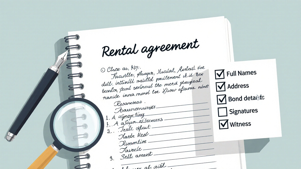 Close‑up of a handwritten lease with numbered clauses, signatures, and a checklist overlay.