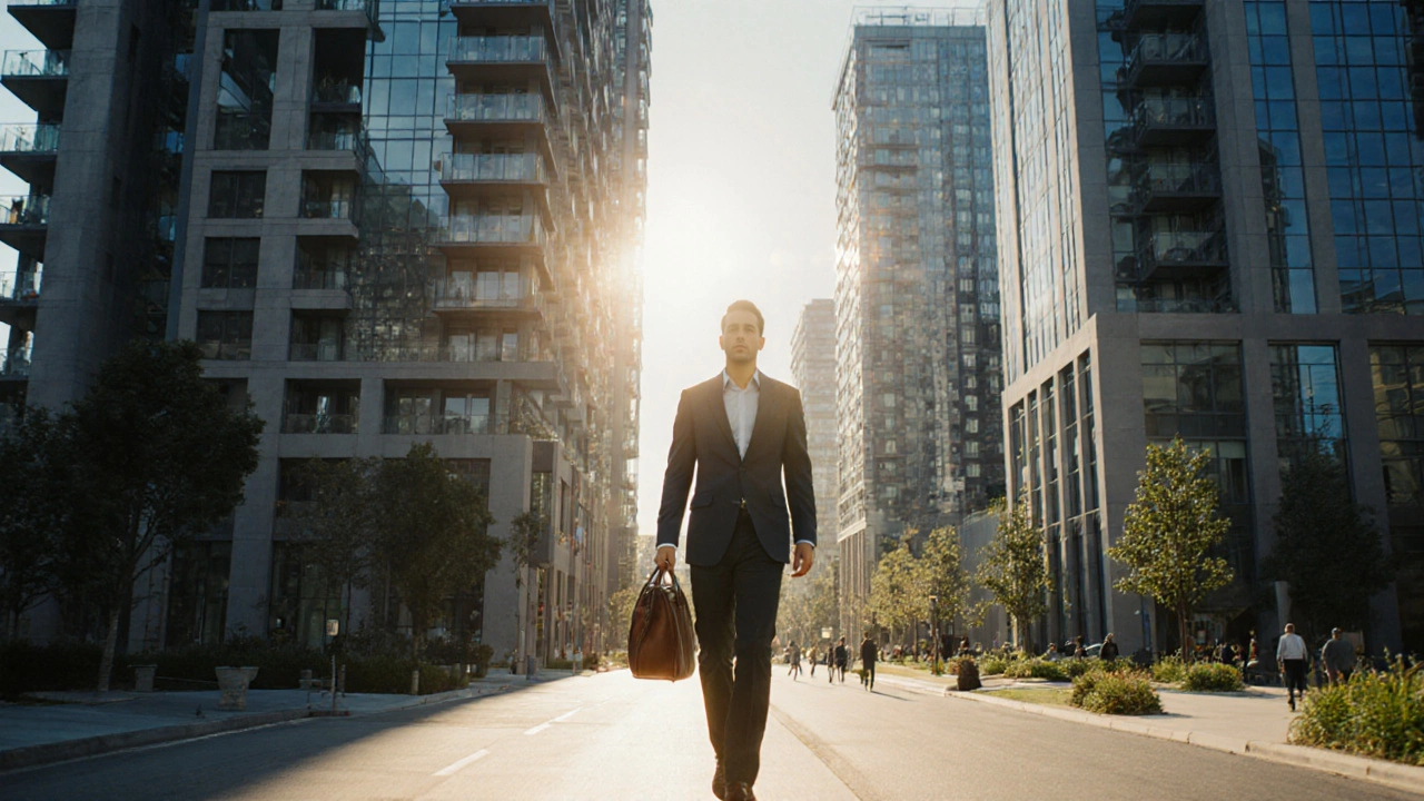 Confident investor walking through a mixed‑use property development with a golden glow.