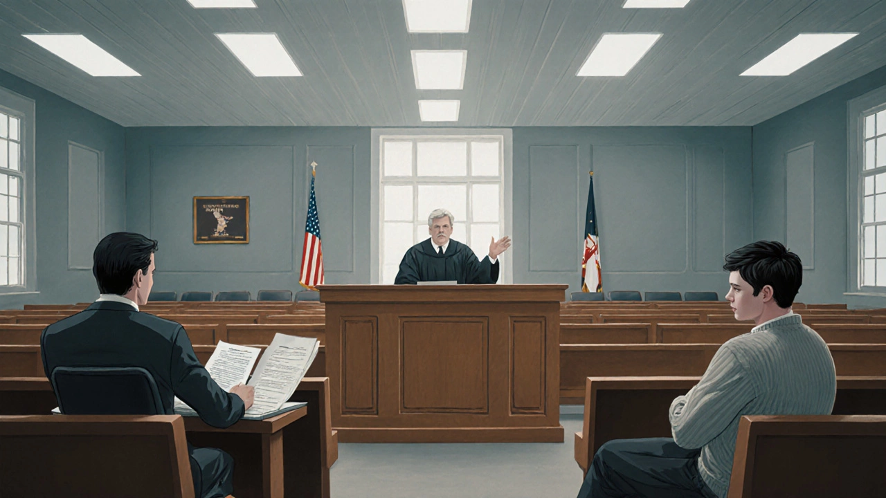 Courtroom scene showing landlord, tenant, and judge during an eviction hearing.