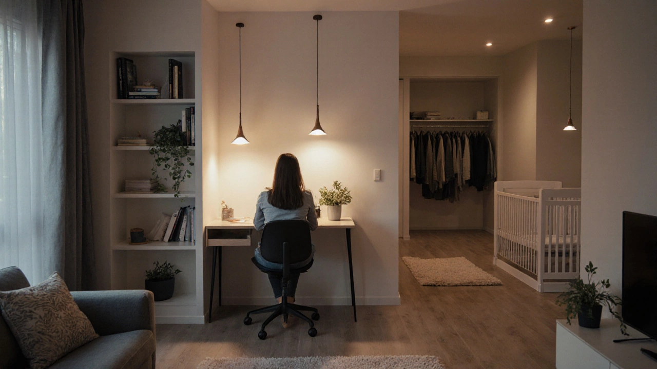 Cozy apartment scene with a small home office nook and a second bedroom set up as a nursery.