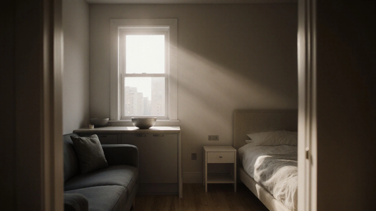 Cozy Detroit one‑bedroom apartment interior bathed in morning light.