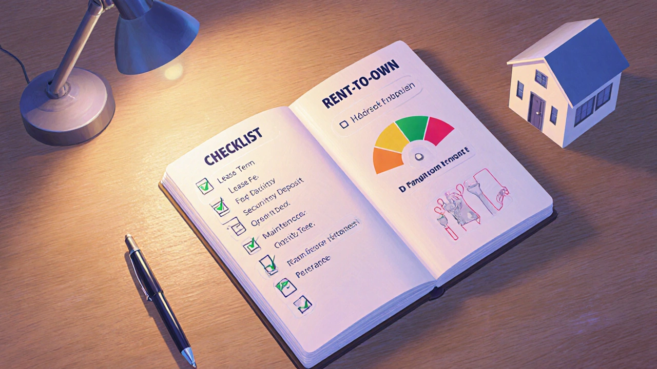 Desk with notebook displaying checklist icons for rent‑to‑own steps.