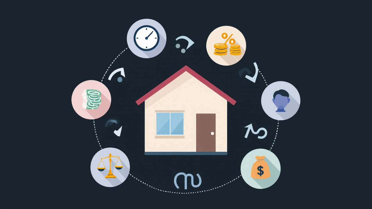 Flat‑design house surrounded by icons for loan term, interest rate, extra payments, refinancing, DTI, super, and equity.