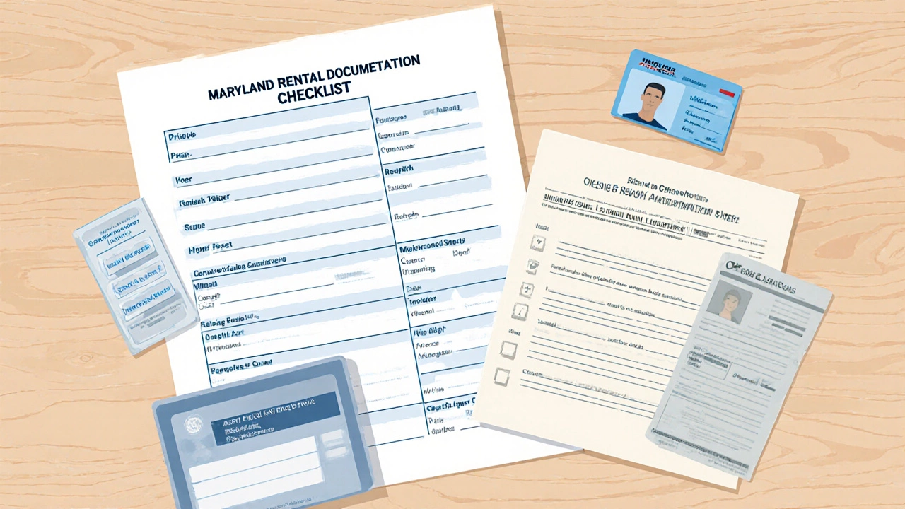 Flat‑lay of rental application, ID, pay stubs, and consent forms on a desk.