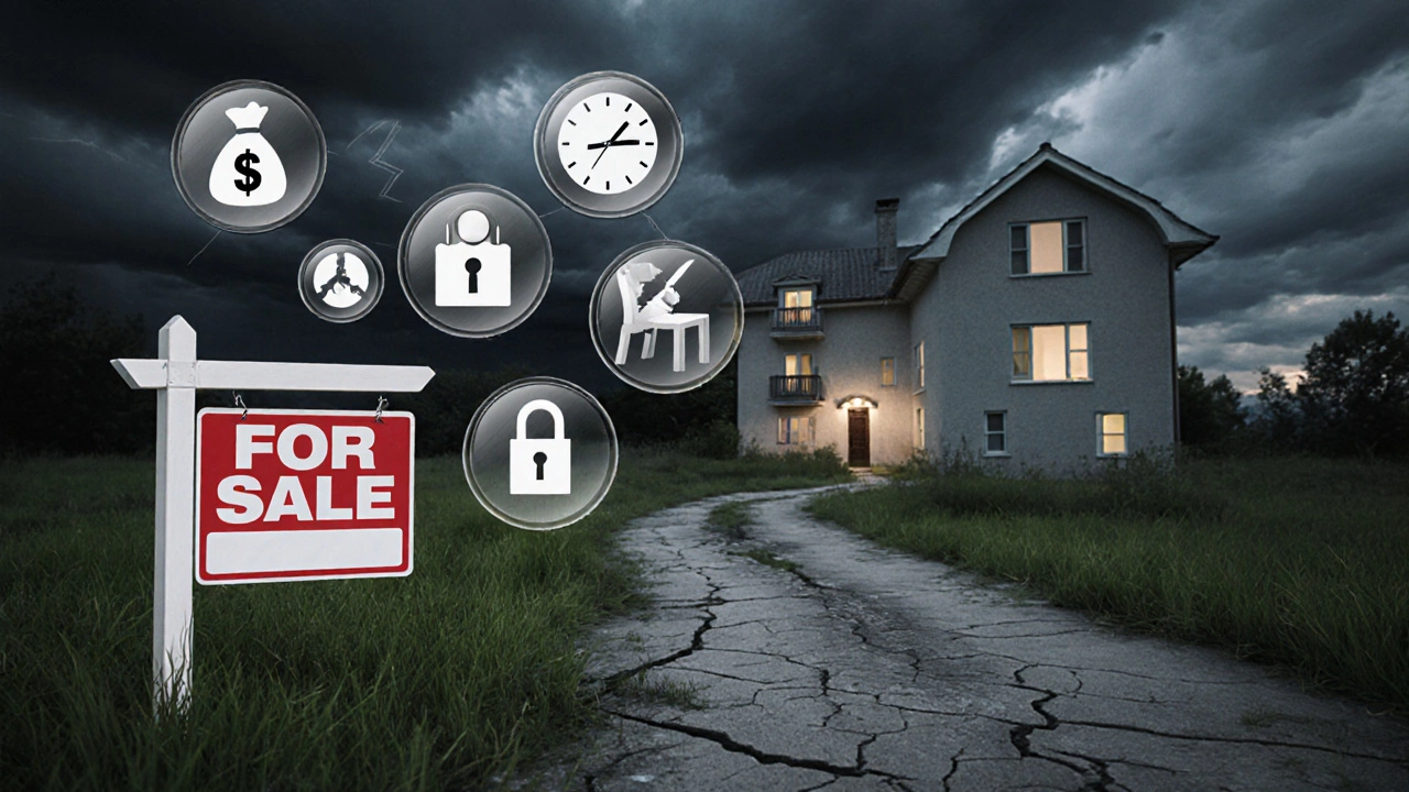 For-sale villa sign in overgrown grass with floating icons of hidden costs and distant apartment.