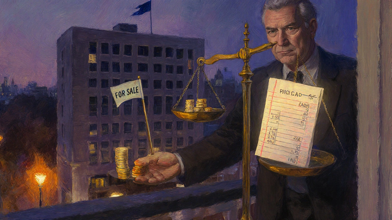Hand holding a balance scale over a highlighted commercial property, indicating risk vs return.
