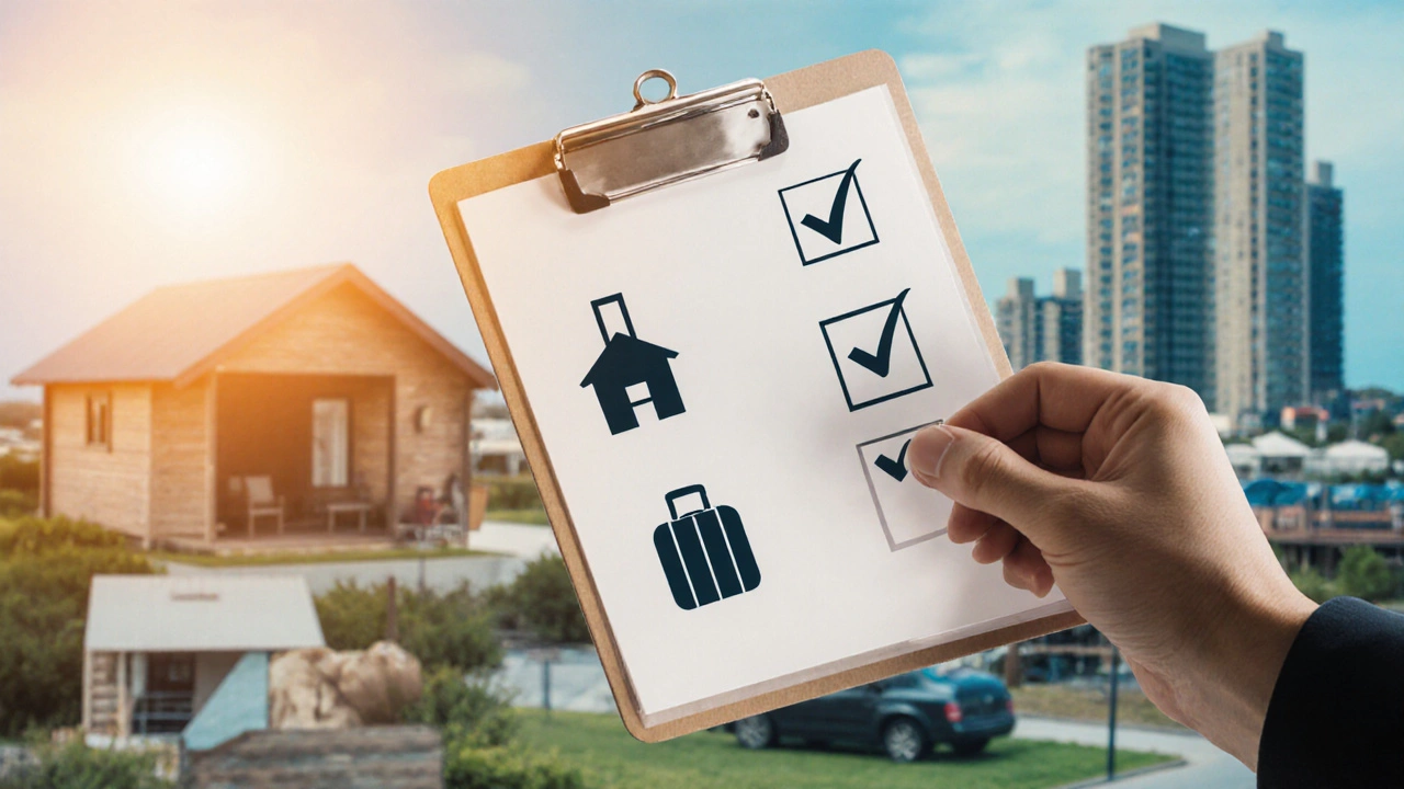 Hand holding clipboard with tick marks over icons of different rental properties.