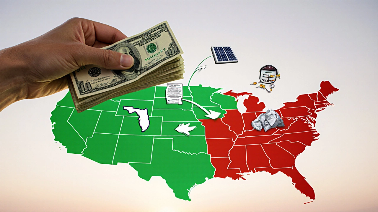 Hand placing cash on U.S. map showing savings flowing from Florida to Texas