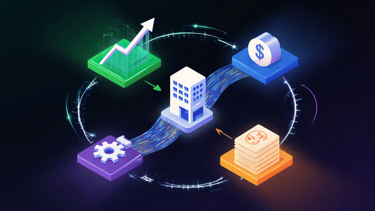Illustration of four real‑estate wealth drivers swirling around a building icon.