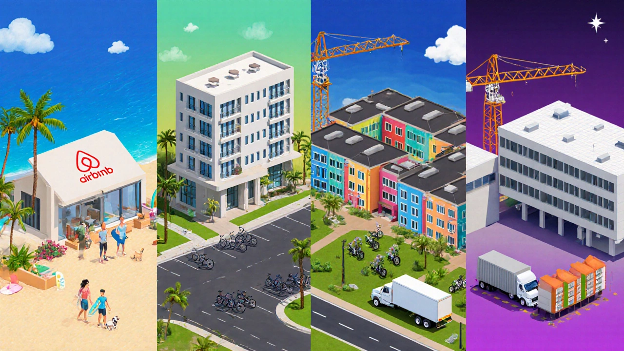 Illustration of vacation villa, apartment building, student dorms, and warehouse.