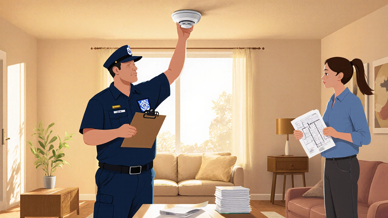 Inspector checks smoke detector and carbon‑monoxide alarm inside a home while homeowner holds paperwork.