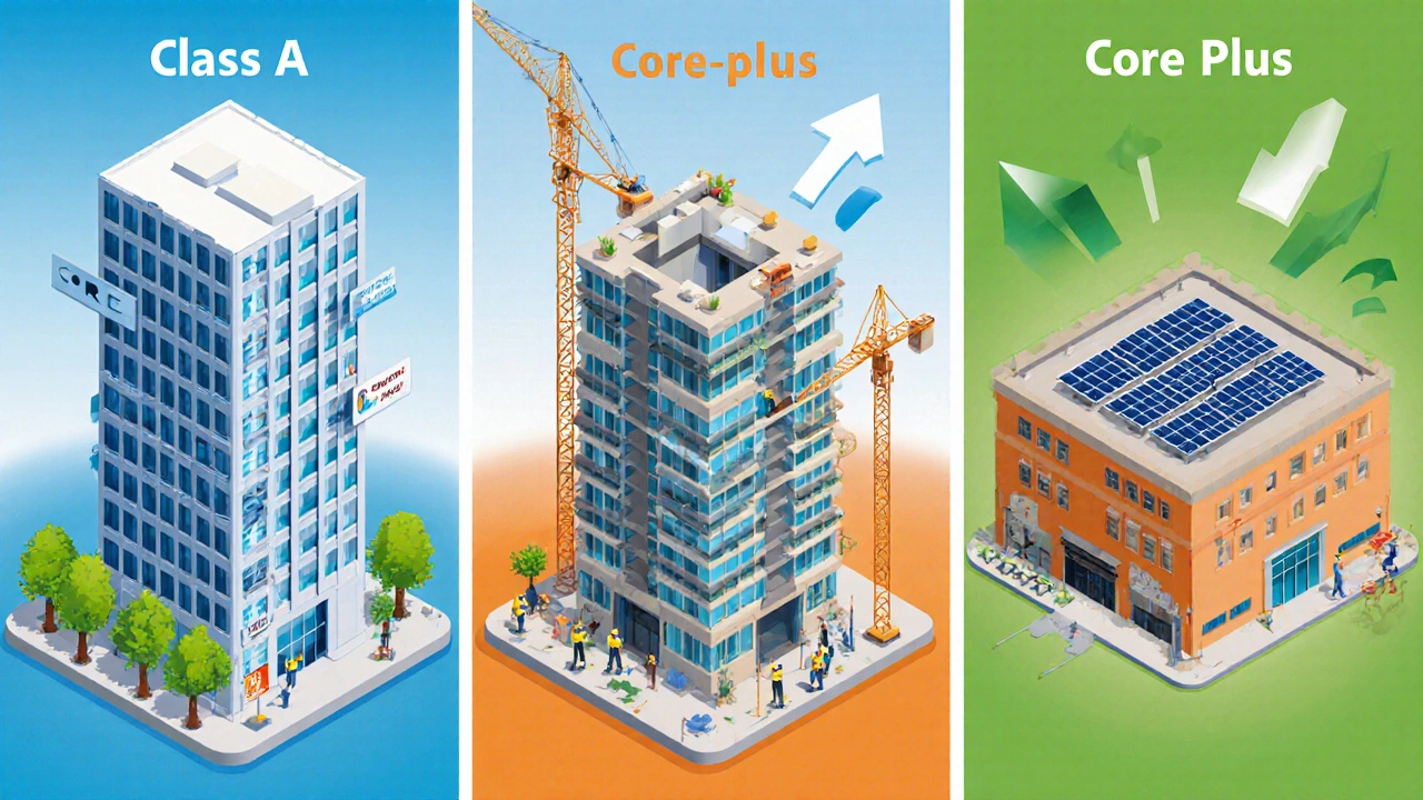 Isometric panels showing core, core‑plus, and value‑add commercial real‑estate strategies.