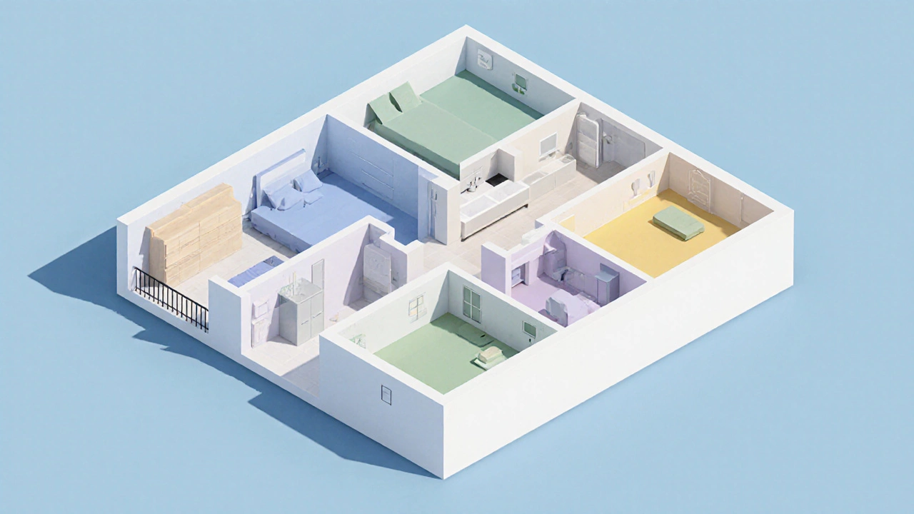 Isometric pastel illustration of a 78 m² 2‑bedroom apartment floor plan with colored zones for each room.