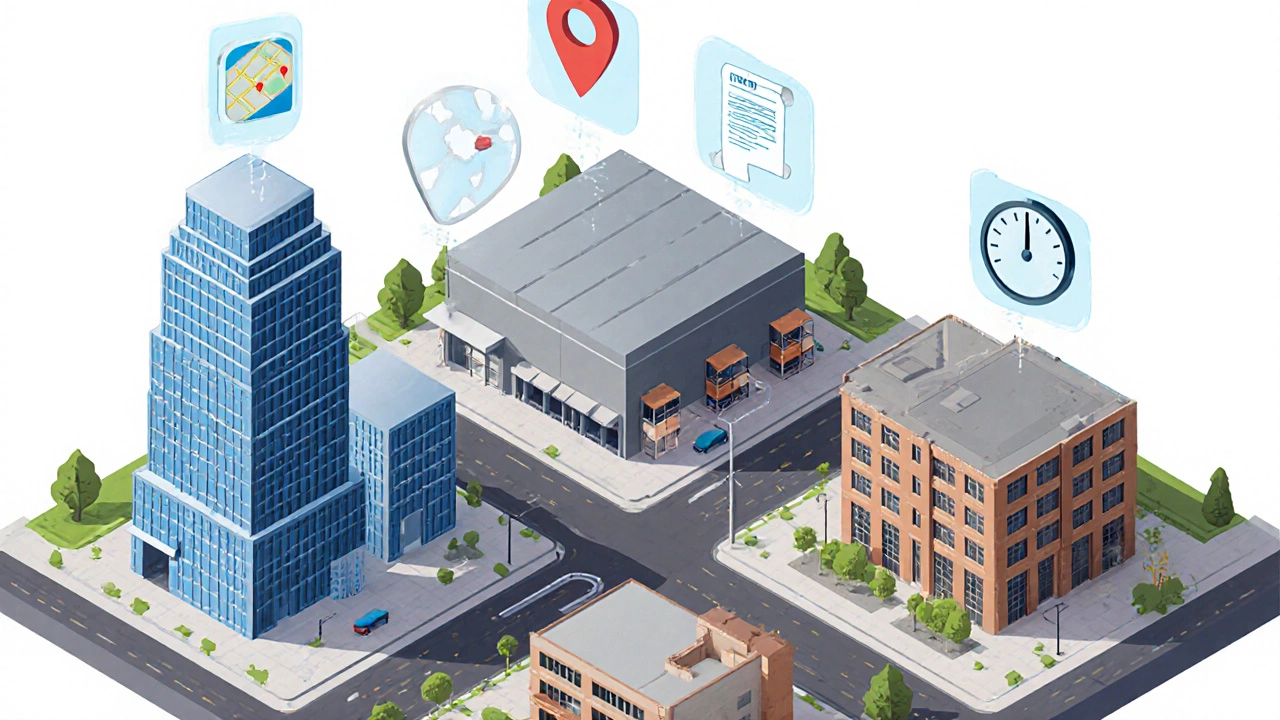 Isometric scene of office, retail, warehouse, and multifamily buildings with floating icons for lease, credit, location.