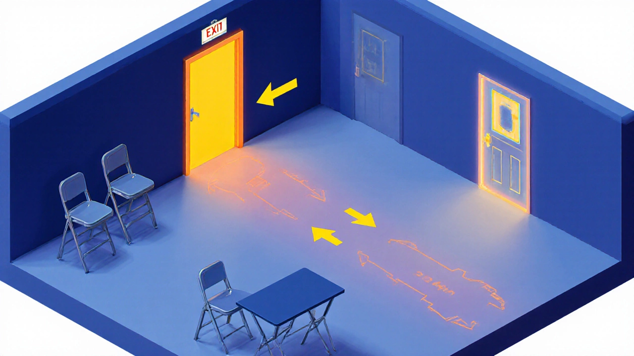 Isometric view of a 600 sq ft room with clear corridor, multiple exits, and removable furniture for safety.