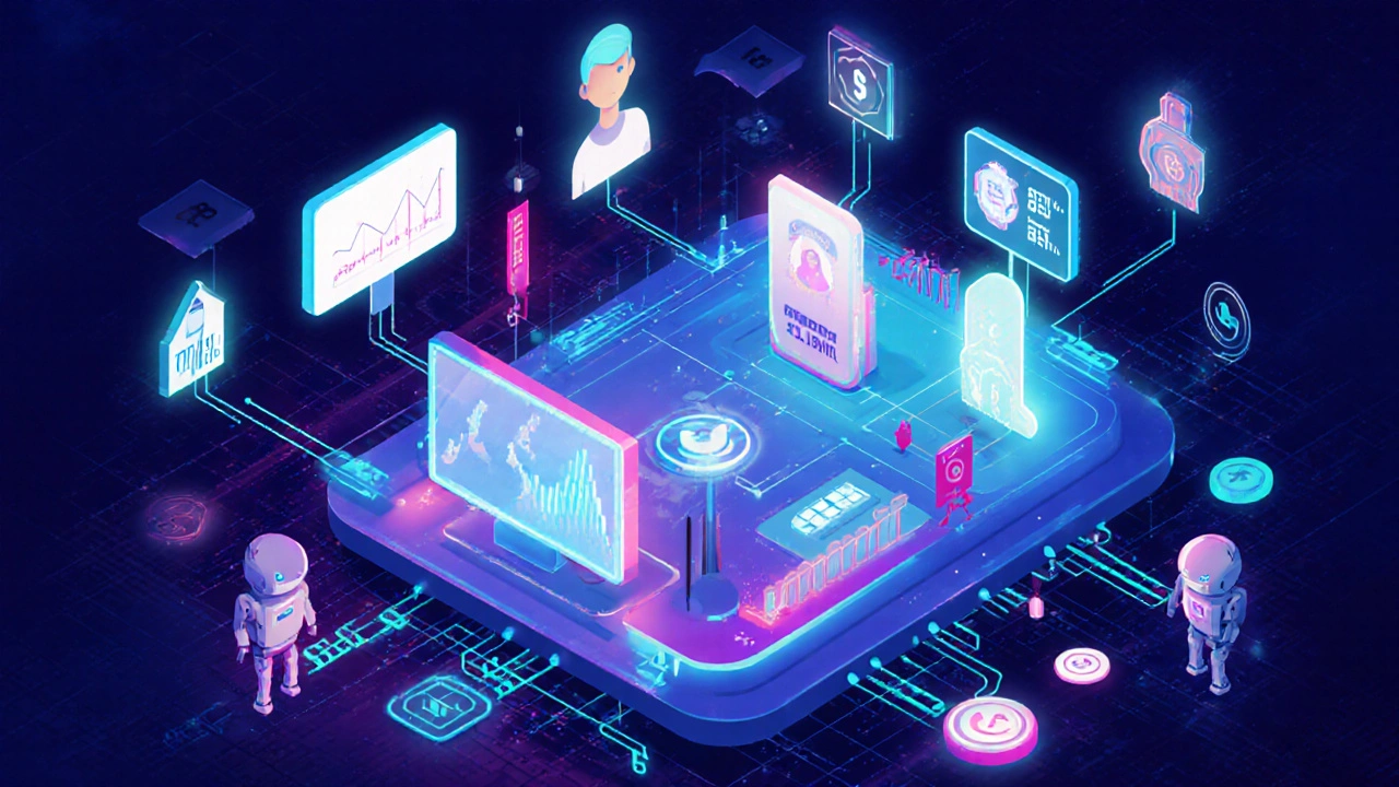 Isometric view of a programmatic ad exchange with floating ad slots and bidding robots.