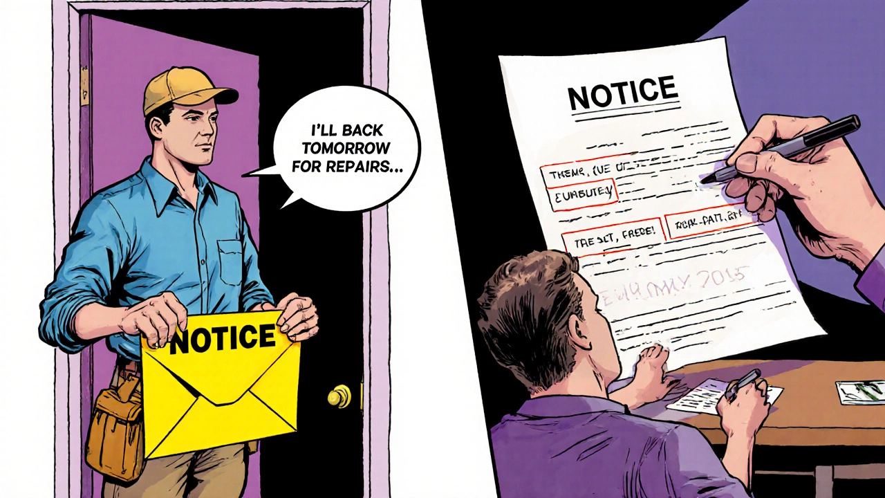 Landlord hands a bright yellow notice envelope to tenant, who reads it at the kitchen table.