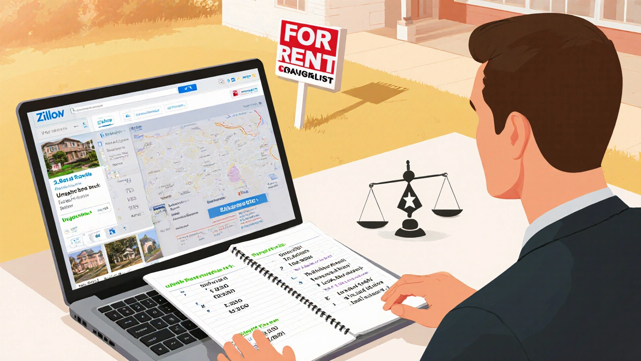 Landlord reviewing rental ads on a laptop with a "For Rent" sign in the background.