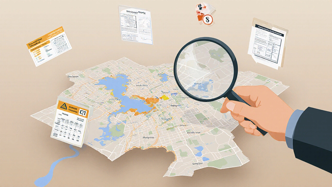 Magnifying glass revealing lease and zoning data over a detailed urban map of a commercial district.