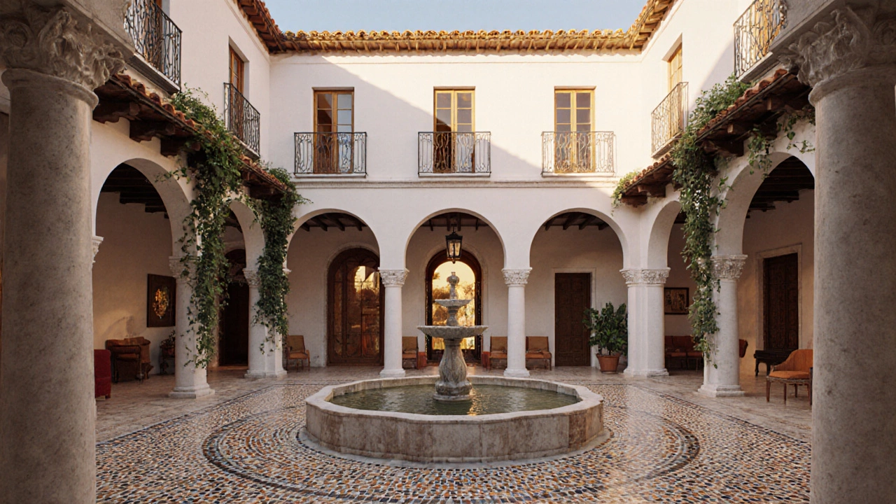 Mediterranean villa courtyard with white walls, terracotta roof, arches, and a marble fountain at sunset.