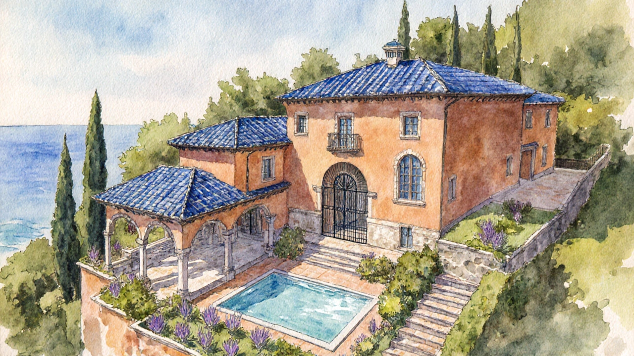 Mediterranean villa on a hillside showing symmetrical layout, terracotta roof, and gardens.