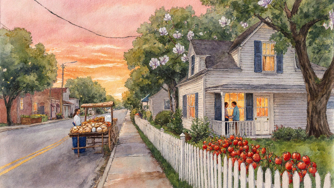 Mississippi cottage with garden and farmer market scene at sunset, watercolor style.