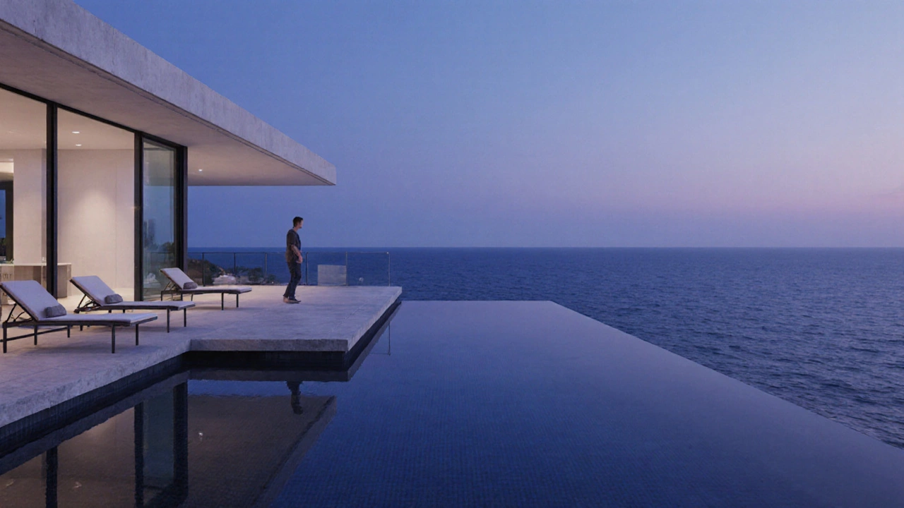 Modern beachfront villa with infinity pool, glass walls and a deck overlooking the ocean at dusk.