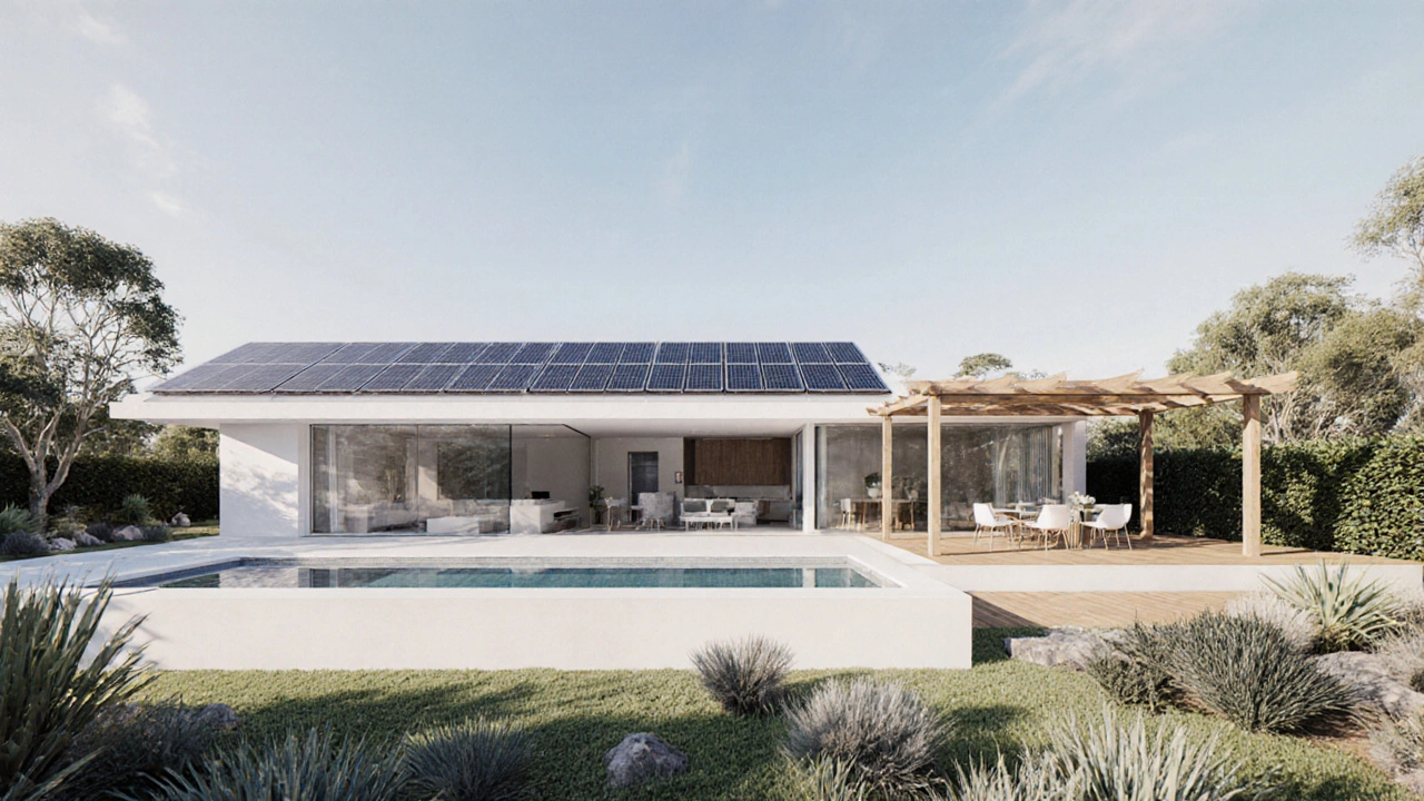 Modern sustainable villa with glass walls, solar panels, and sleek outdoor terrace.