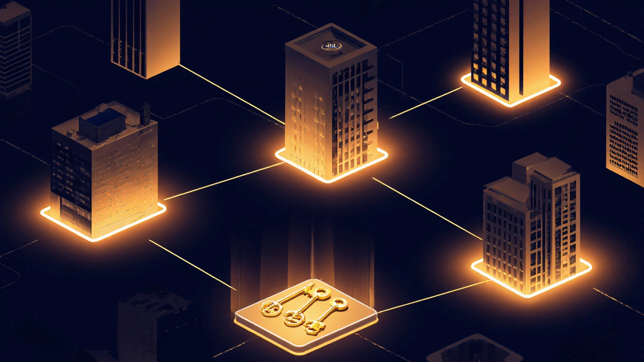 Network of real estate platforms connected by hidden off-market deals glowing beneath a cityscape.