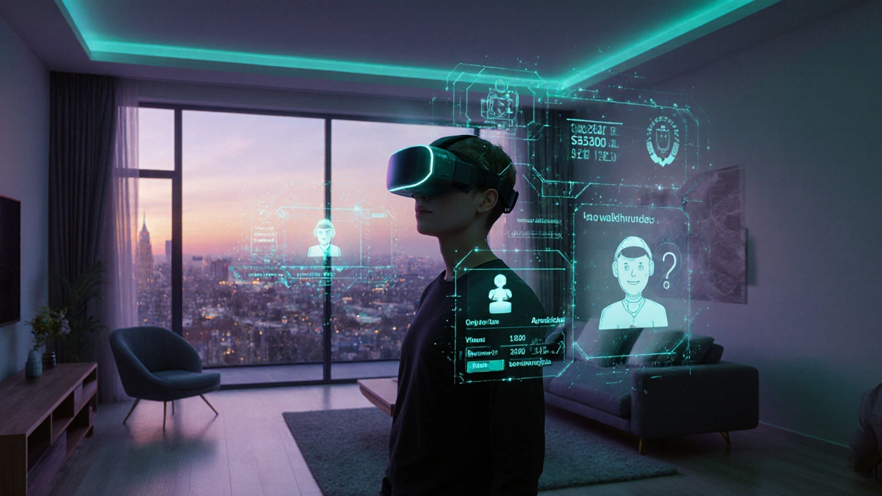 Person using AR headset to view holographic real‑estate data in a modern home.