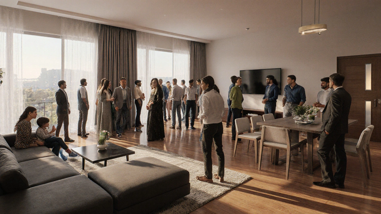 Photorealistic living‑room‑dining area with guests standing and sitting, showing furniture and a single exit door.
