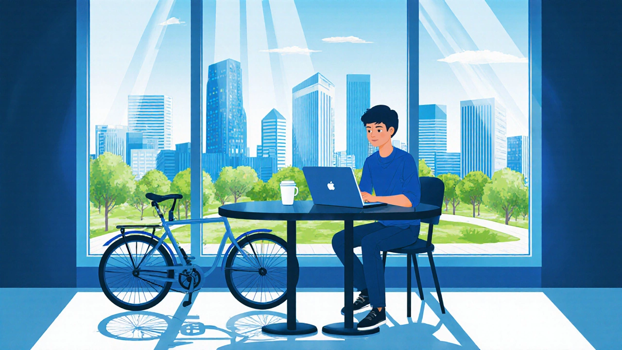Remote worker in Oklahoma City coffee shop with laptop and city skyline backdrop.