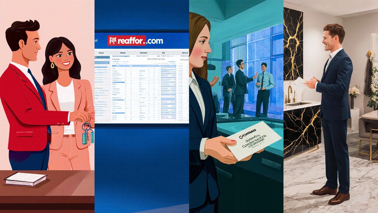Split view of Redfin, Realtor.com, Opendoor, and Compass agents with their brand colors.