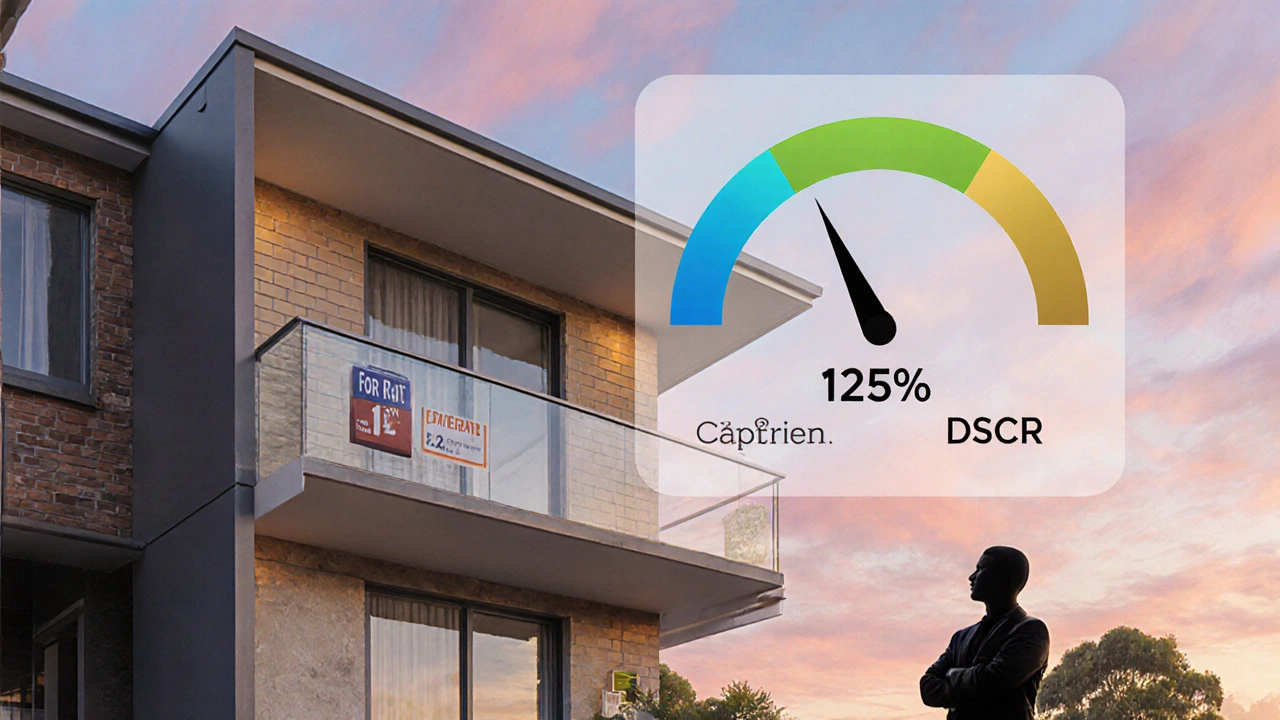 Sydney suburb two‑bedroom unit with overlay of cash‑on‑cash, Cap Rate, and DSCR gauges.