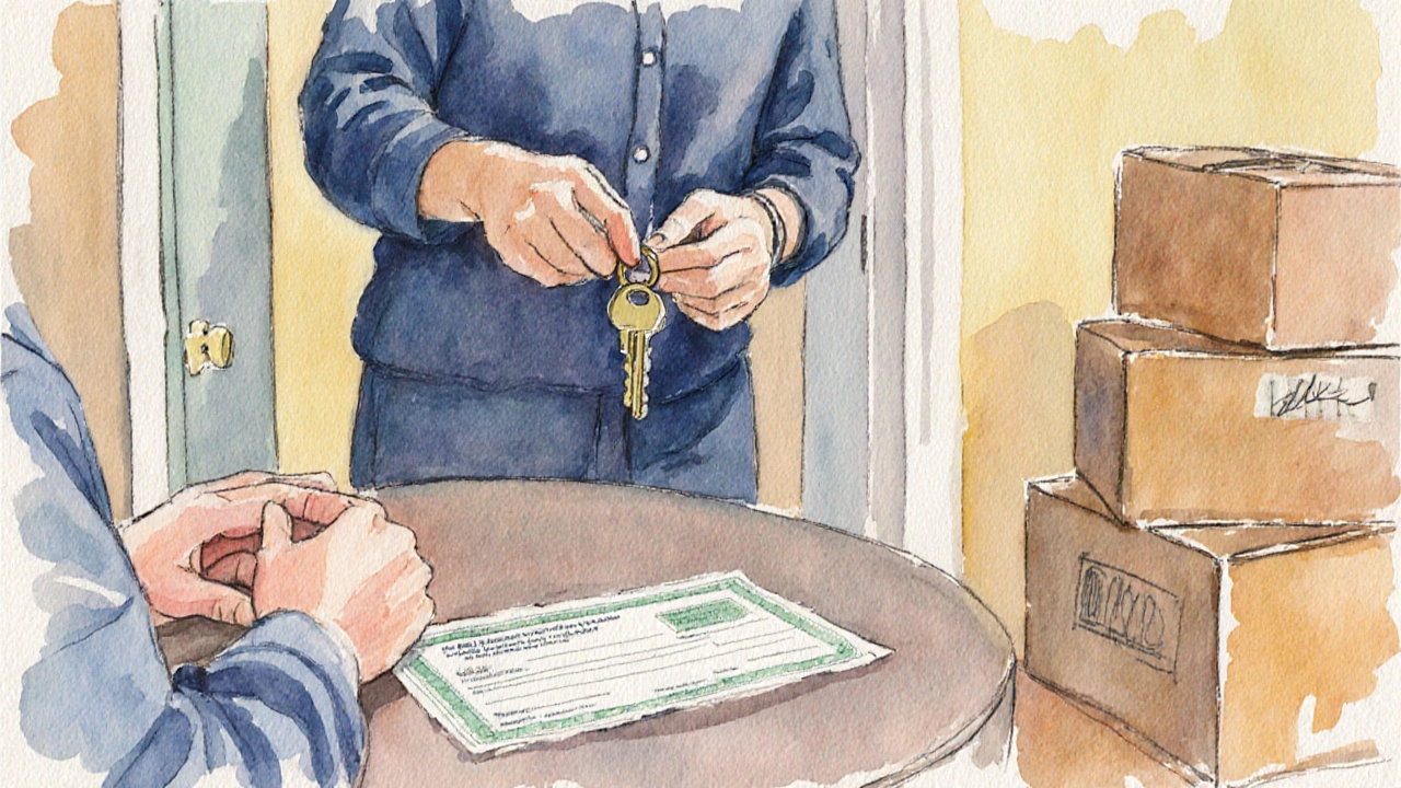 Tenant handing keys to landlord with moving boxes and a check for deposit return.