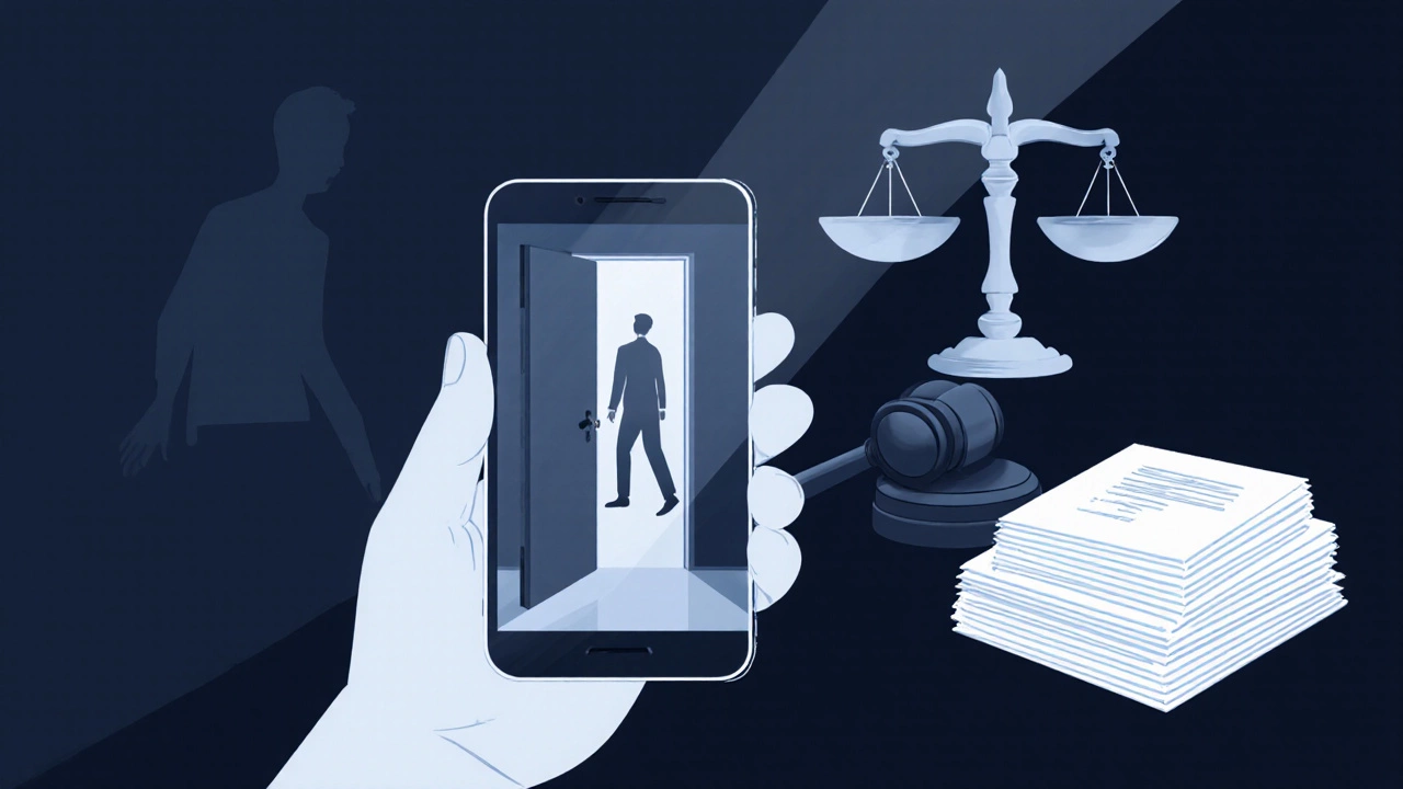 Tenant takes a phone photo of an open door while a faint landlord figure looms, legal scale overlay.