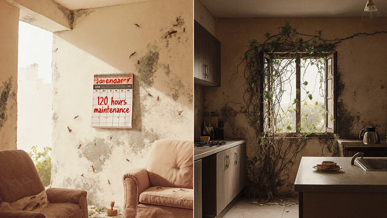 Time-lapse interior of a villa showing clean space turning into mold and pest infestation.