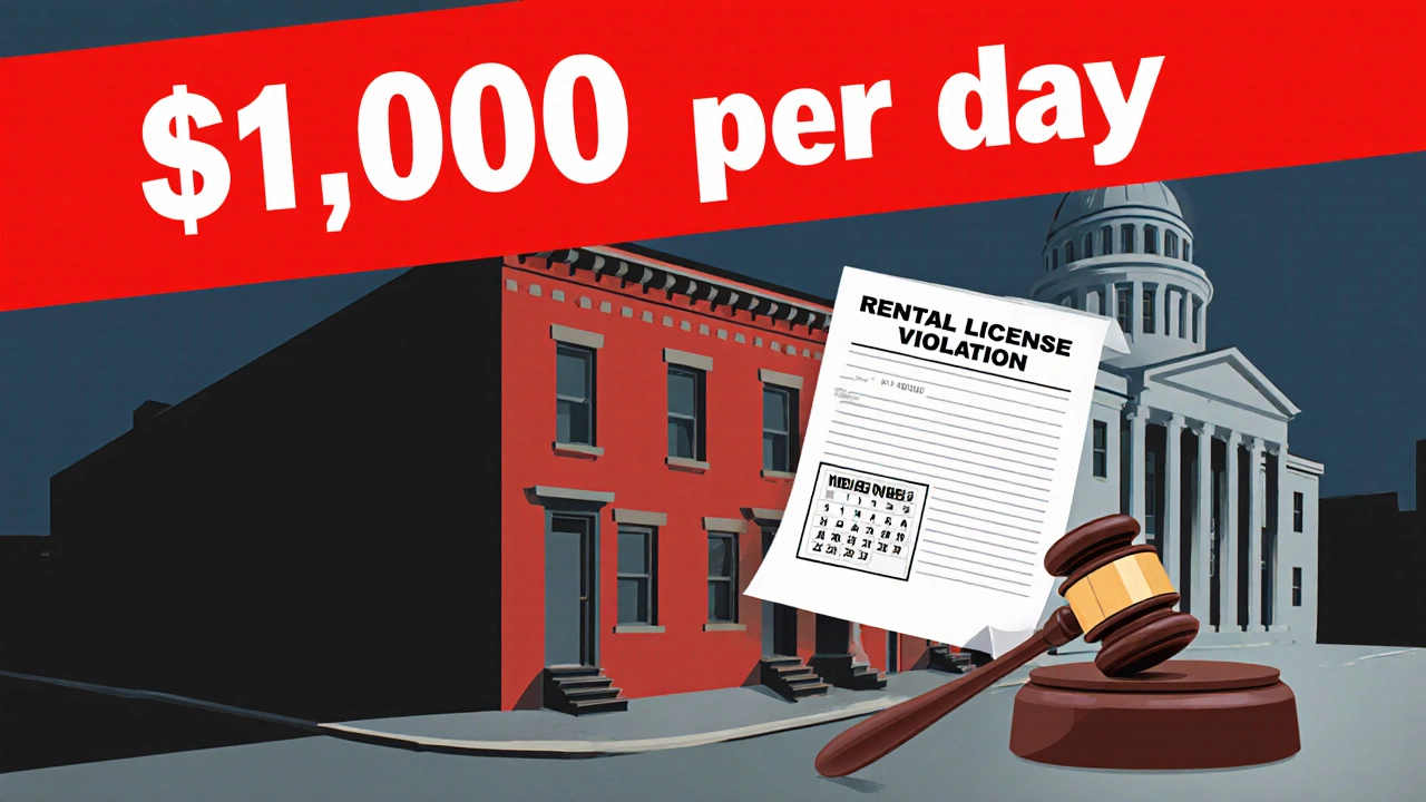 Warning illustration of a house with a fine banner, gavel, and calendar highlighting penalty risks.