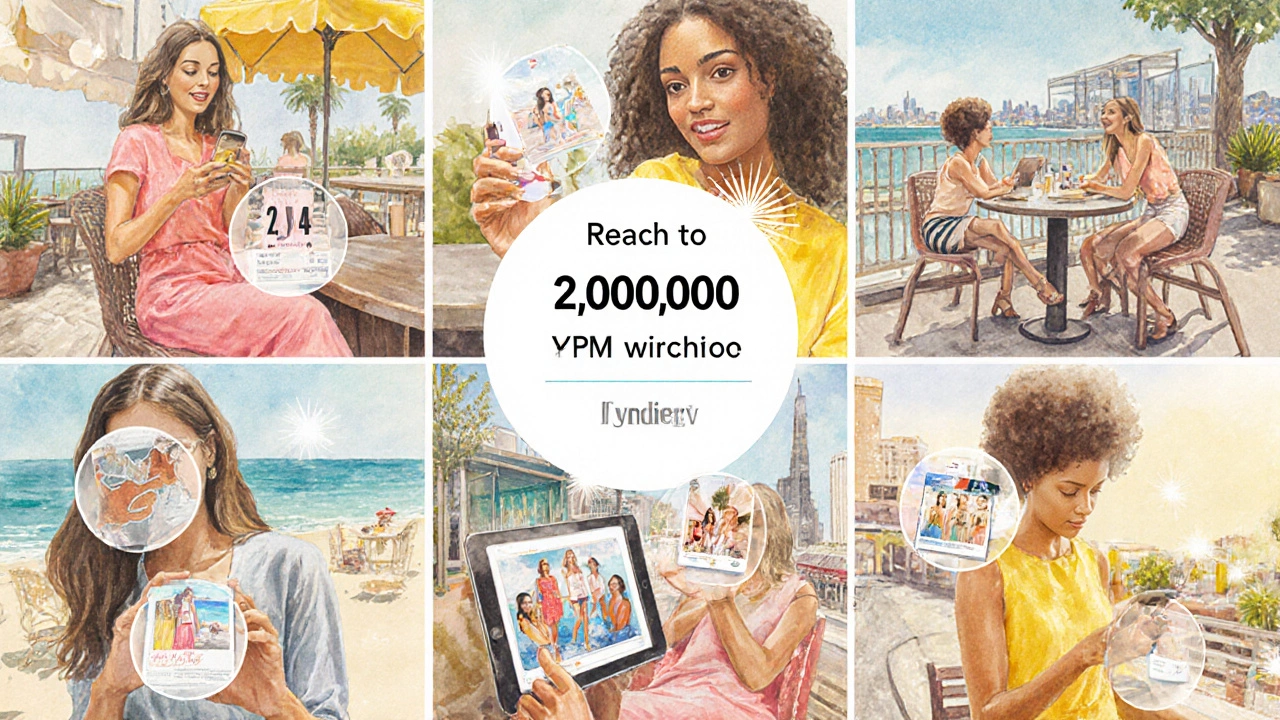Watercolor collage of women viewing summer fashion ads on devices, illustrating large reach.
