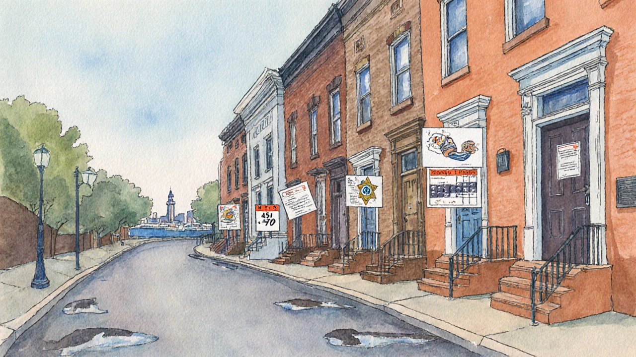 Watercolor street illustration showing sequential steps of an eviction timeline.
