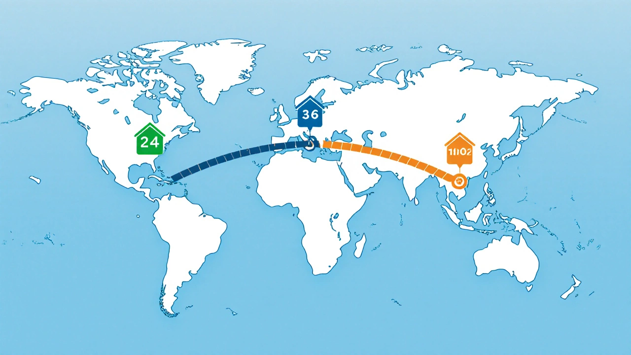 World map showing houses and colored timeline ribbons for three regions.