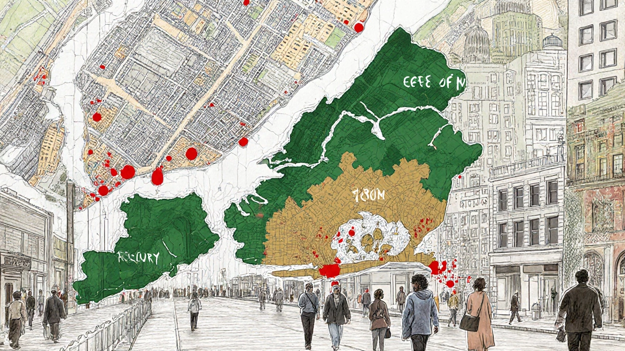 A conceptual map of NYC land ownership with color-coded zones for city, church, and private developers over a street scene.
