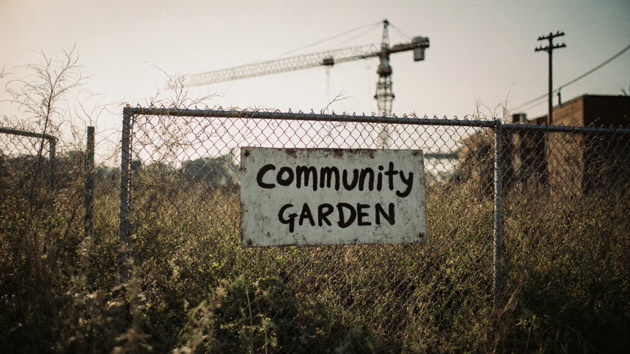 An overgrown vacant lot in the South Bronx with a community garden sign, a fence, and a distant construction crane.