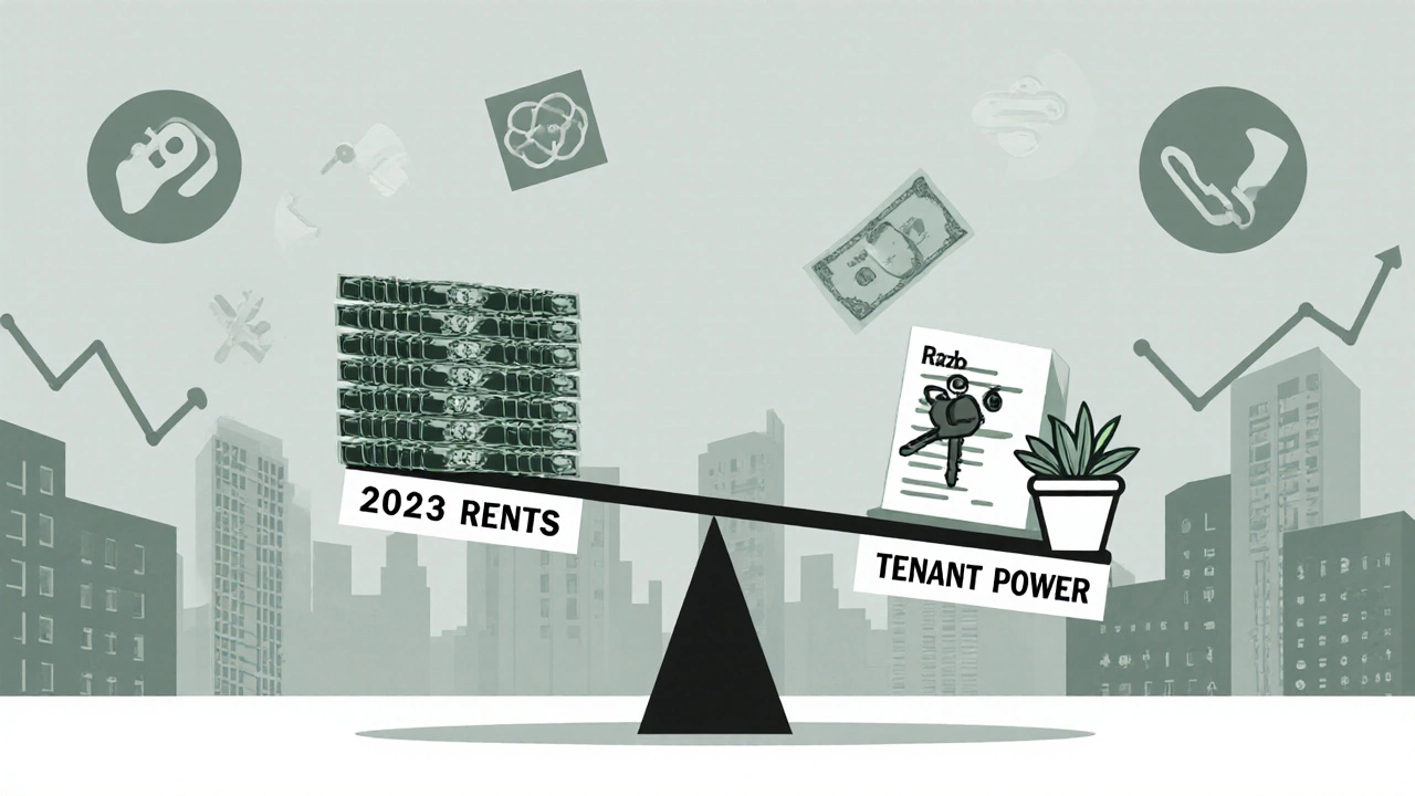 Balance scale showing falling 2023 rents vs rising tenant power with apartment icons.