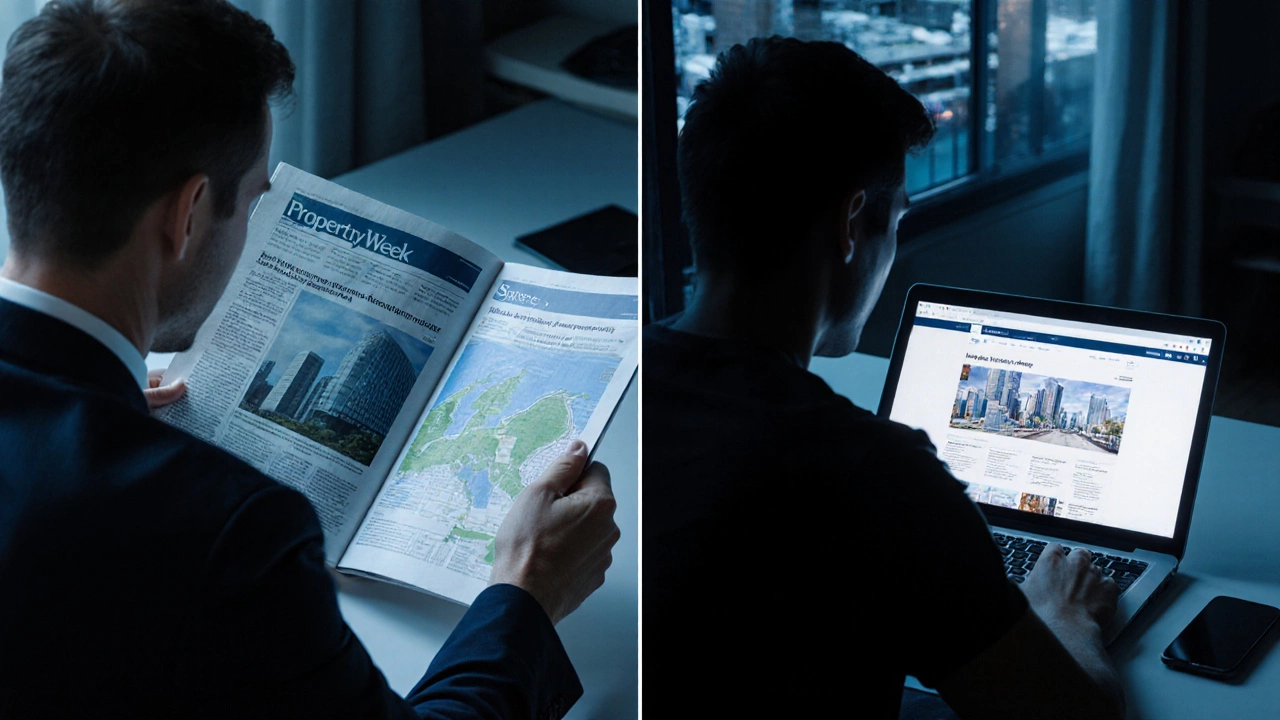 Broker in London and developer in Sydney studying regional real estate reports on screens.