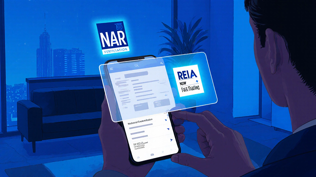 Client in Australia checking agent&#039;s license on phone, local regulatory logos glowing, NAR logo fading.