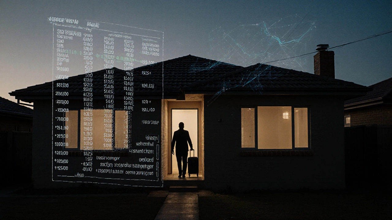 Empty Australian home at dusk with shadowy figure leaving as property value data hovers nearby.