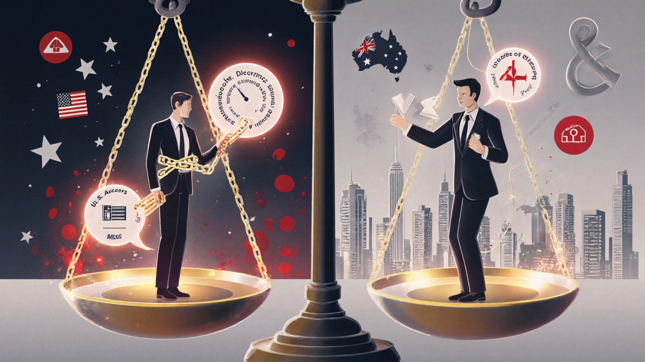 Ethical standards contrast: glowing code of ethics vs. broken symbols, U.S. and Australian skylines behind.