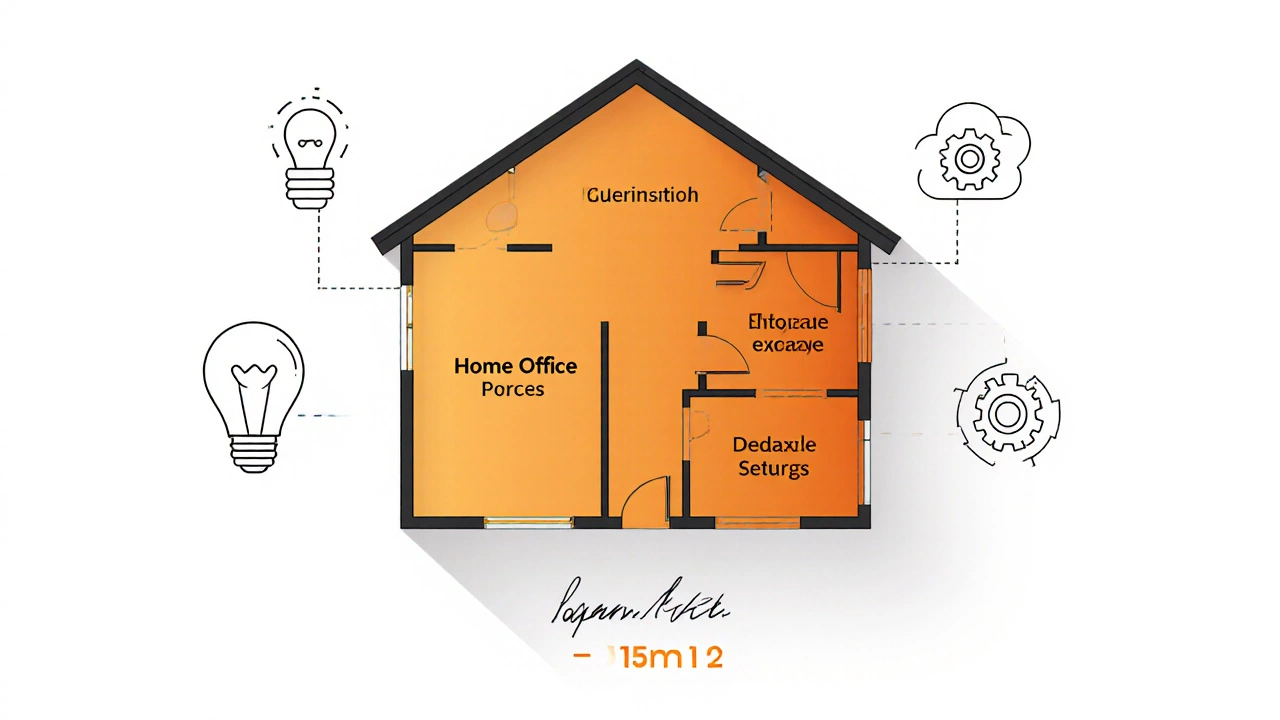 Floorplan diagram highlighting 30% business use of a home with icons for deductible expenses.